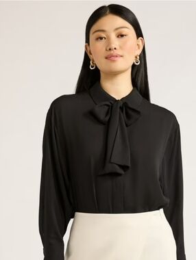 Black Tie Neck Blouse Bow Collar Long Sleeve Office Chic NWT